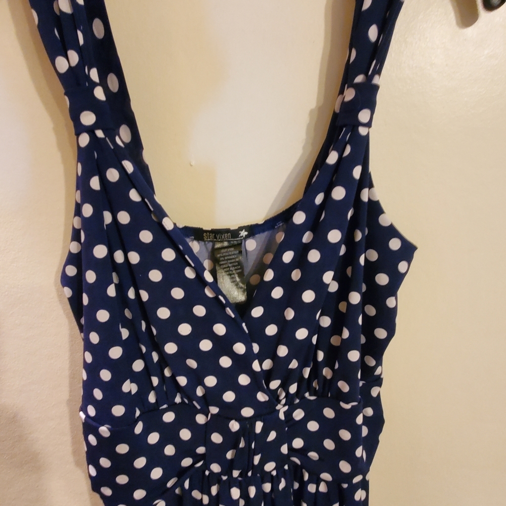 Navy blue dress with white polka dots
